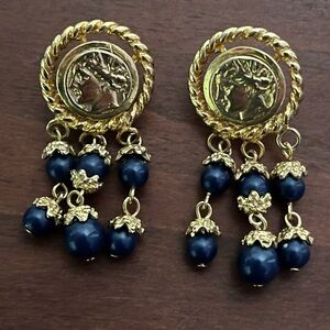 Rare Vintage KJL Gold Tone Roman Coin With Blue Dangling Beads Post Earrings